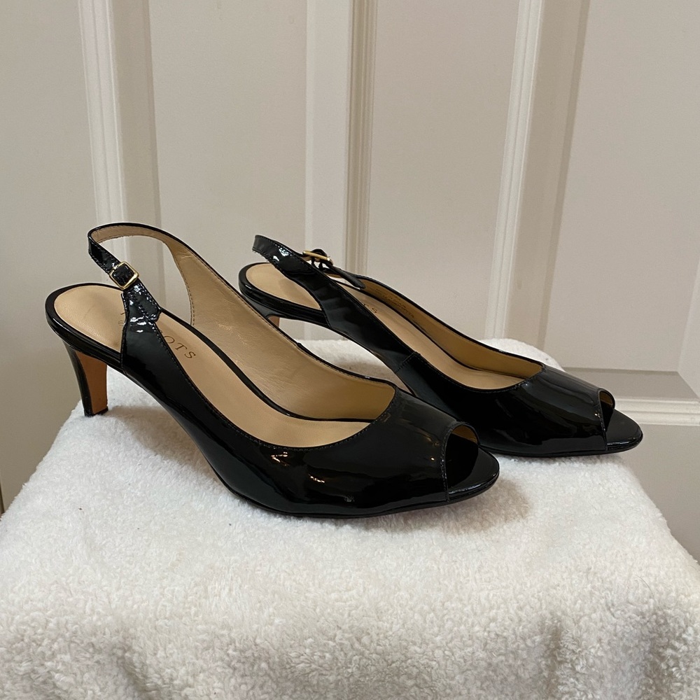 Talbots black patent peep toe sling back pumps